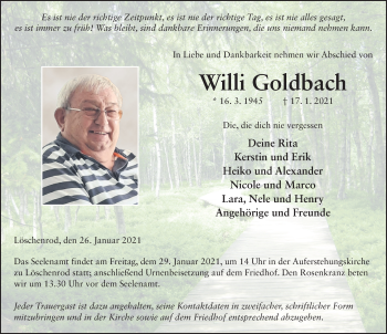 Traueranzeige von Willi Goldbach von FZ