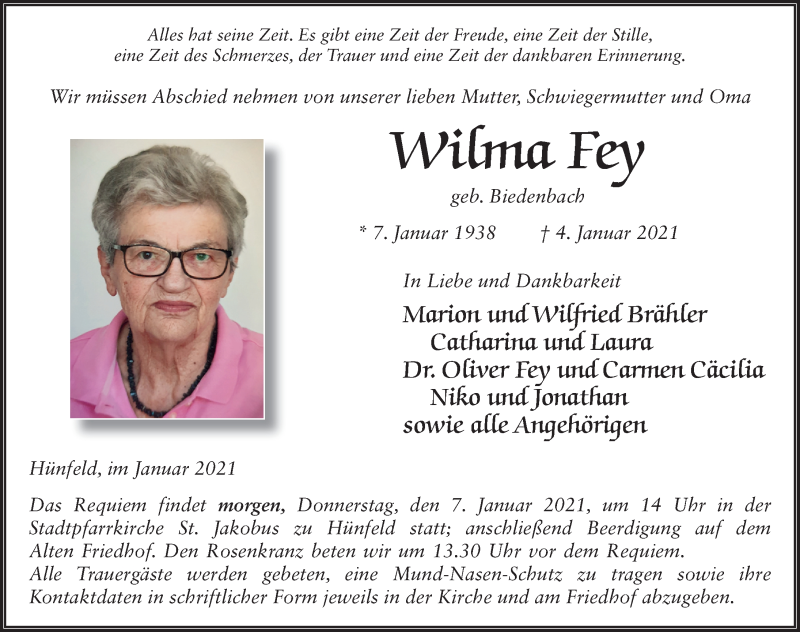  Traueranzeige für Wilma Fey vom 06.01.2021 aus FZ