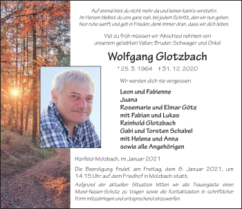 Traueranzeige von Wolfgang Glotzbach von FZ