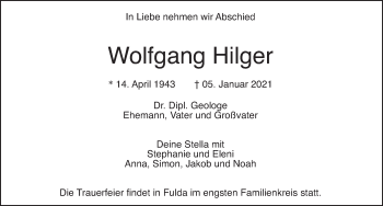 Traueranzeige von Wolfgang Hilger von FZ