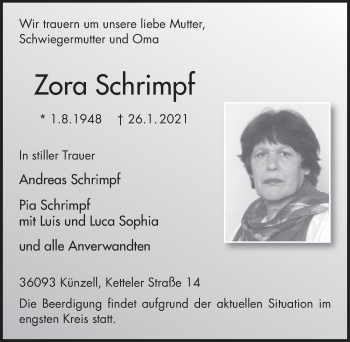 Traueranzeige von Zora Schrimpf von FZ