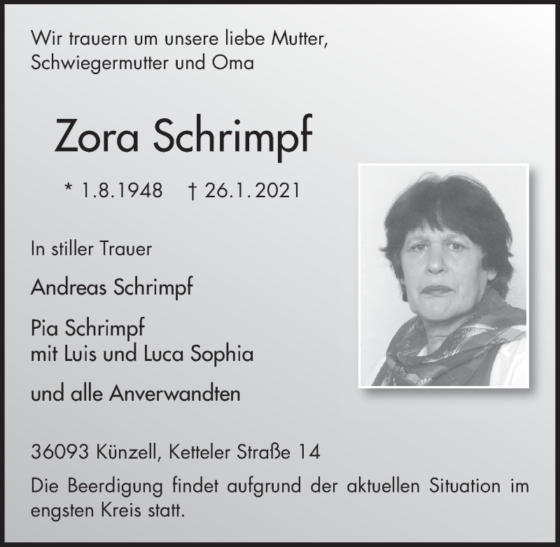  Traueranzeige für Zora Schrimpf vom 30.01.2021 aus FZ