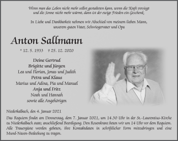 Traueranzeige von Anton Sallmann von FZ