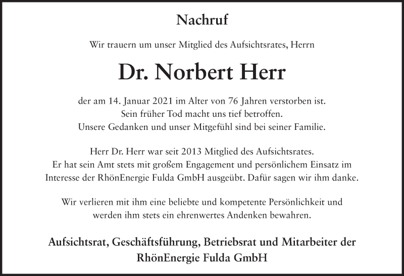  Traueranzeige für Norbert Herr vom 19.01.2021 aus FZ