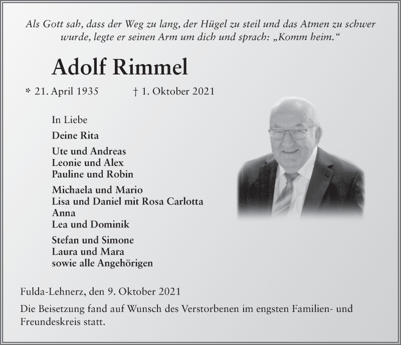  Traueranzeige für Adolf Rimmel vom 09.10.2021 aus FZ