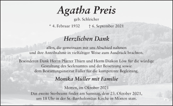 Traueranzeige von Agatha Preis von FZ