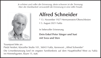 Traueranzeige von Alfred Schneider von FZ