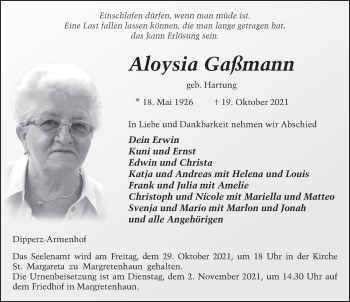 Traueranzeige von Aloysia Gaßmann von FZ