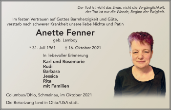 Traueranzeige von Anette Fenner von FZ