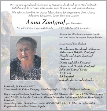 Traueranzeige von Anna Zentgraf von FZ
