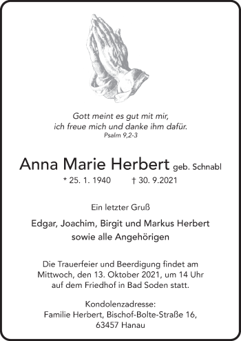 Traueranzeige von Anna Maria Herbert von FZ