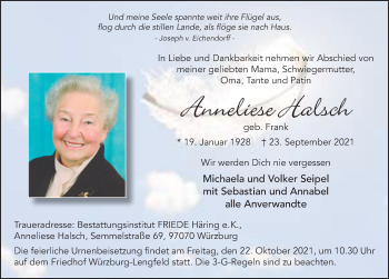 Traueranzeige von Anneliese Halsch von FZ