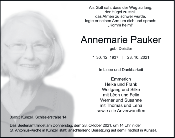 Traueranzeige von Annemarie Pauker von FZ