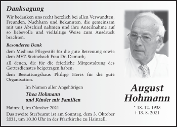 Traueranzeige von August Hohmann von FZ
