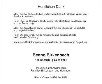 Traueranzeige von Benno Birkenbach von FZ
