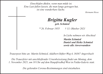 Traueranzeige von Brigitte Kugler von FZ