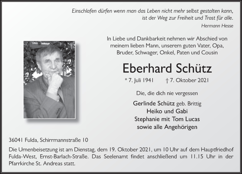  Traueranzeige für Eberhard Schütz vom 13.10.2021 aus FZ