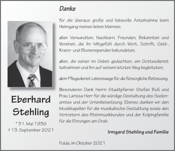 Traueranzeige von Eberhard Stehling von FZ