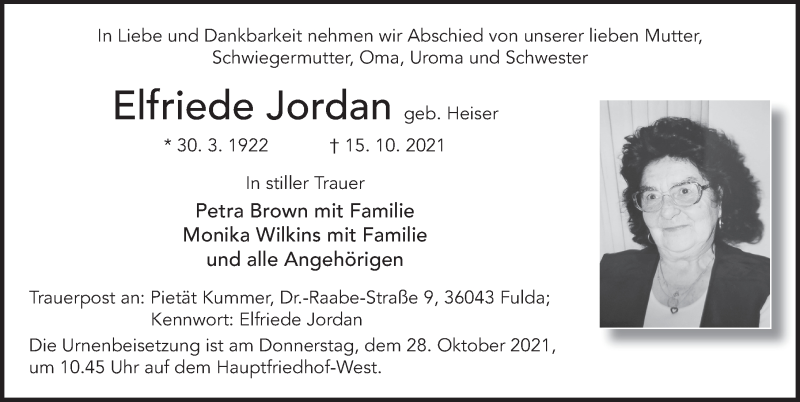  Traueranzeige für Elfriede Jordan vom 26.10.2021 aus FZ