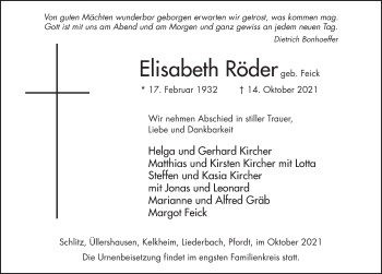 Traueranzeige von Elisabeth Röder von FZ