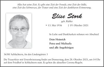 Traueranzeige von Elise Stork von FZ