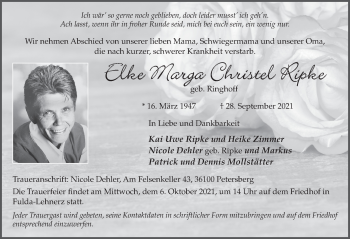 Traueranzeige von Elke Marga Christel Ripke von FZ