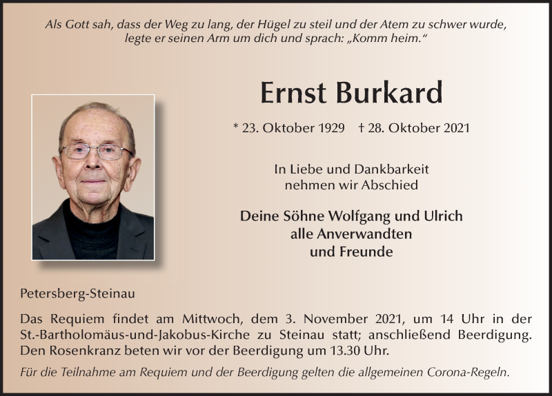 Traueranzeige für Ernst Burkard vom 30.10.2021 aus FZ