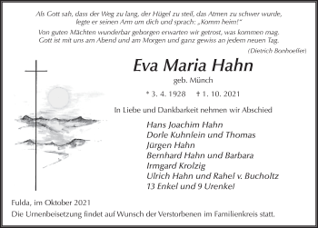 Traueranzeige von Eva Maria Hahn von FZ