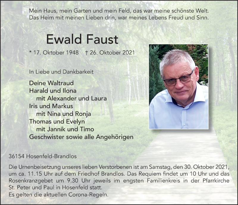  Traueranzeige für Ewald Faust vom 28.10.2021 aus FZ