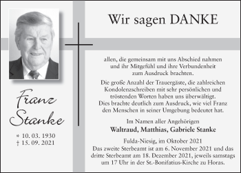 Traueranzeige von Franz Stanke von FZ