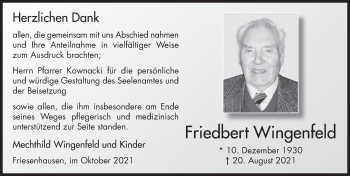 Traueranzeige von Friedbert Wingenfeld von FZ