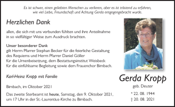 Traueranzeige von Gerda Kropp von FZ