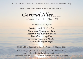 Traueranzeige von Gertraud Alles von FZ