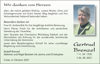 Traueranzeige von Gertrud Brenzel von FZ