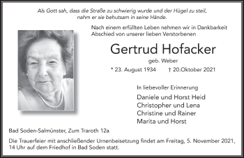 Traueranzeige von Gertrud Hofacker von FZ