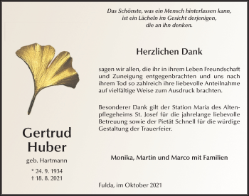 Traueranzeige von Gertrud Huber von FZ