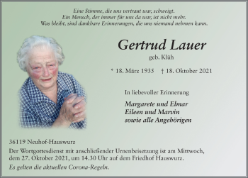 Traueranzeige von Gertrud Lauer von FZ