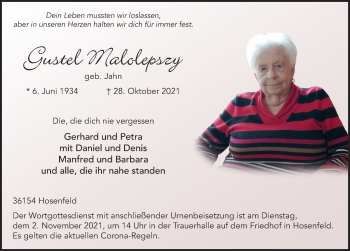 Traueranzeige von Gustel Malolepszy von FZ