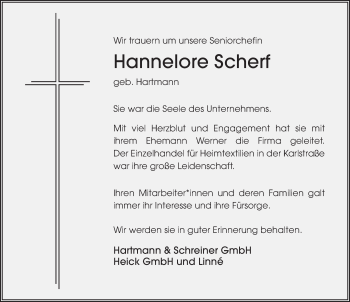 Traueranzeige von Hannelore Scherf von FZ