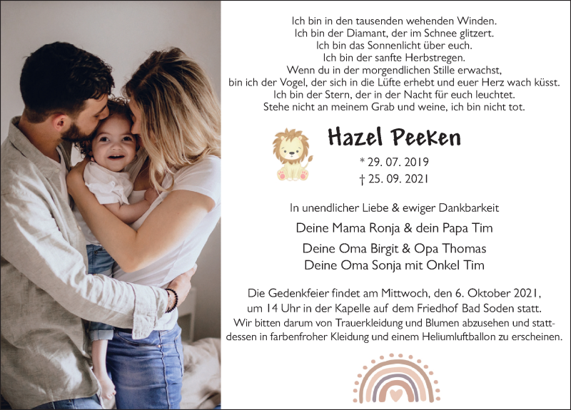  Traueranzeige für Hazel Peeken vom 01.10.2021 aus FZ