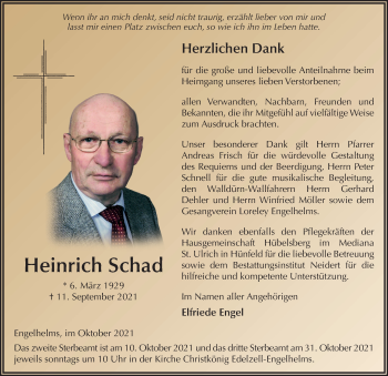 Traueranzeige von Heinrich Schad von FZ