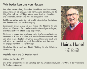 Traueranzeige von Heinz Hanel von FZ
