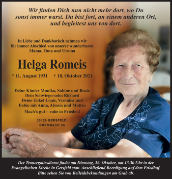 Traueranzeige von Helga Romeis von FZ