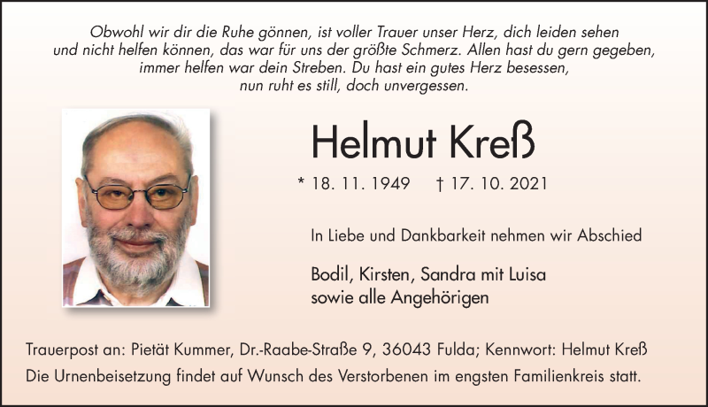  Traueranzeige für Helmut Kreß vom 20.10.2021 aus FZ