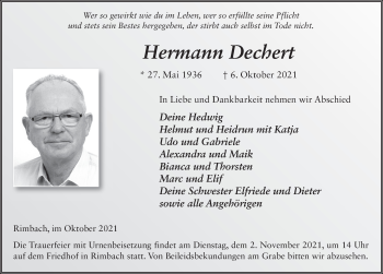 Traueranzeige von Hermann Dechert von FZ