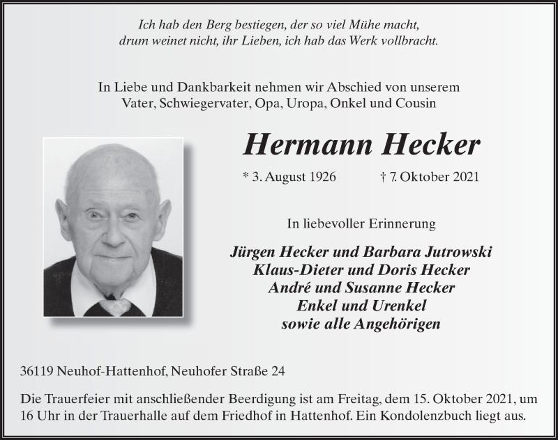  Traueranzeige für Hermann Hecker vom 13.10.2021 aus FZ