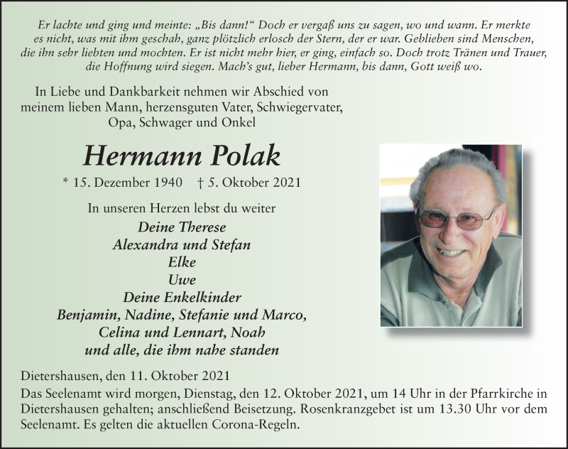 Traueranzeige für Hermann Polak vom 11.10.2021 aus FZ
