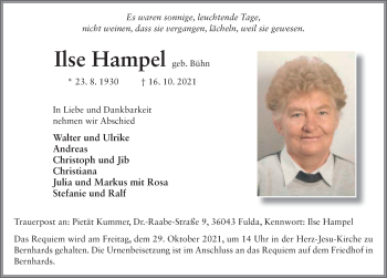 Traueranzeige von Ilse Hampel von FZ