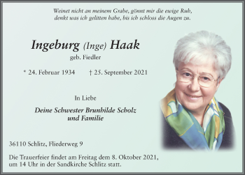 Traueranzeige von Ingeburg Haak von FZ