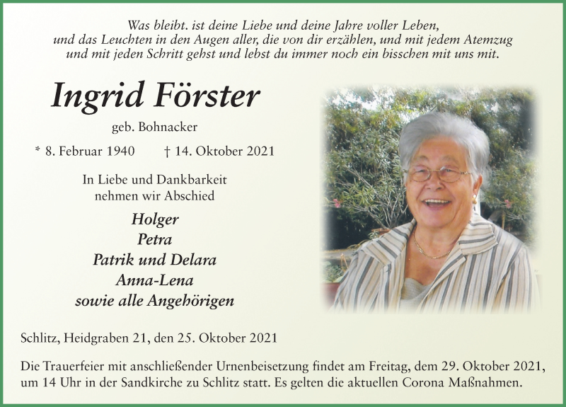  Traueranzeige für Ingrid Förster vom 25.10.2021 aus FZ